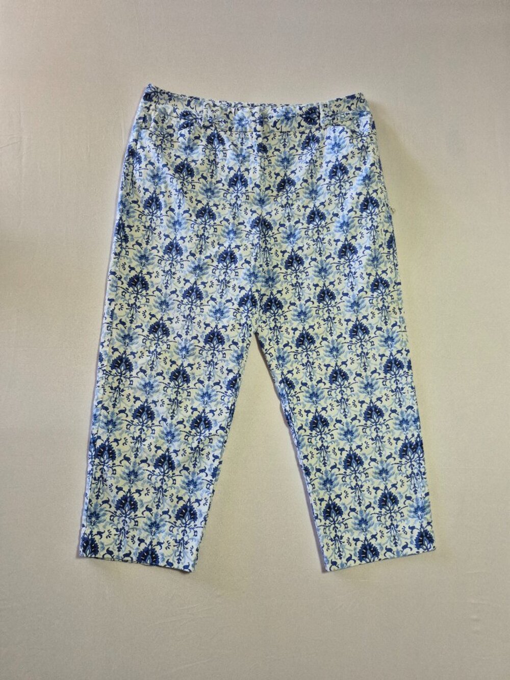 Talbots Petites Crop Pants Size 10 Blue White Damask Floral Cotton Stretch